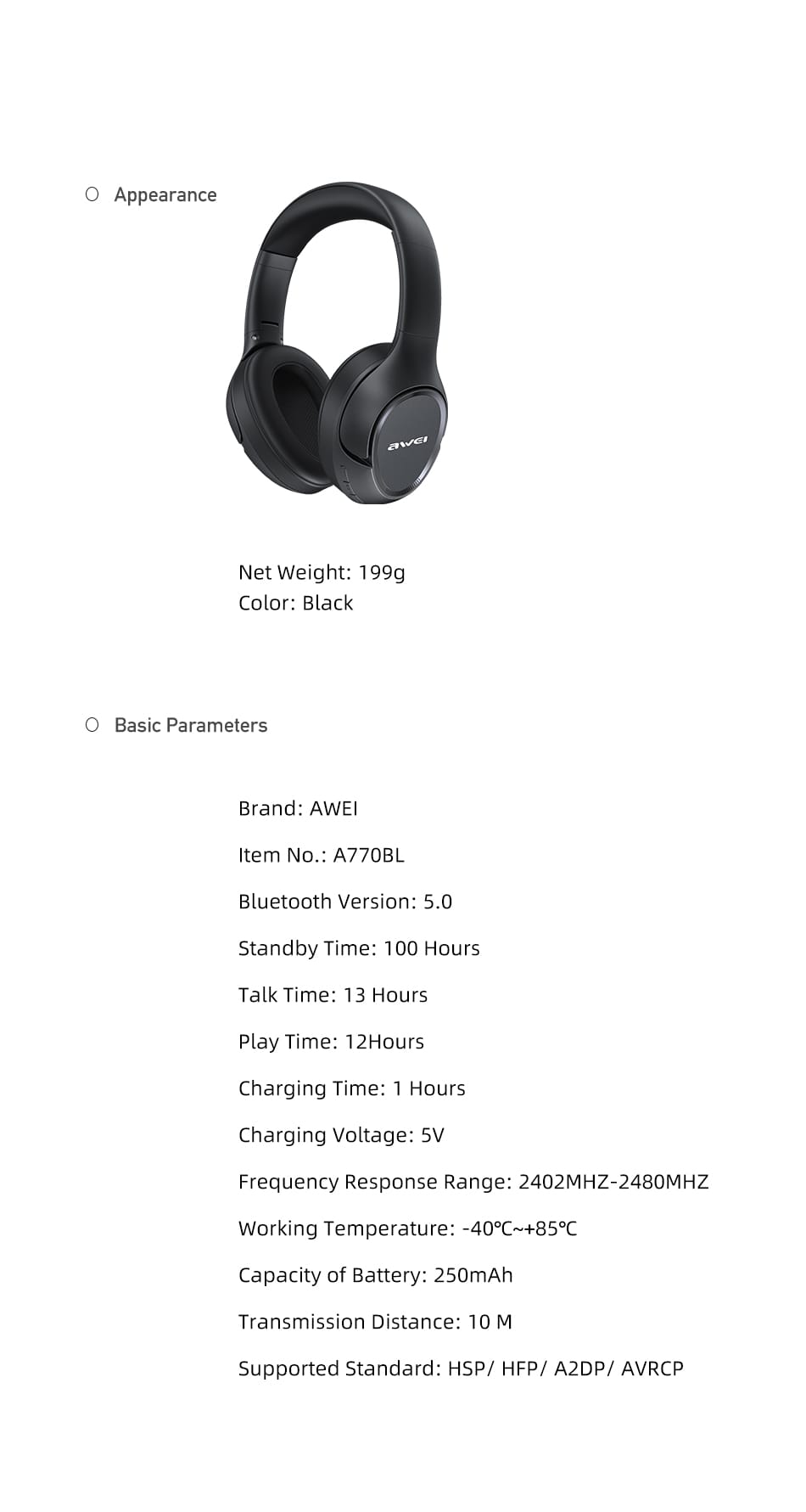 casque sans fil/filaire awei a770bl