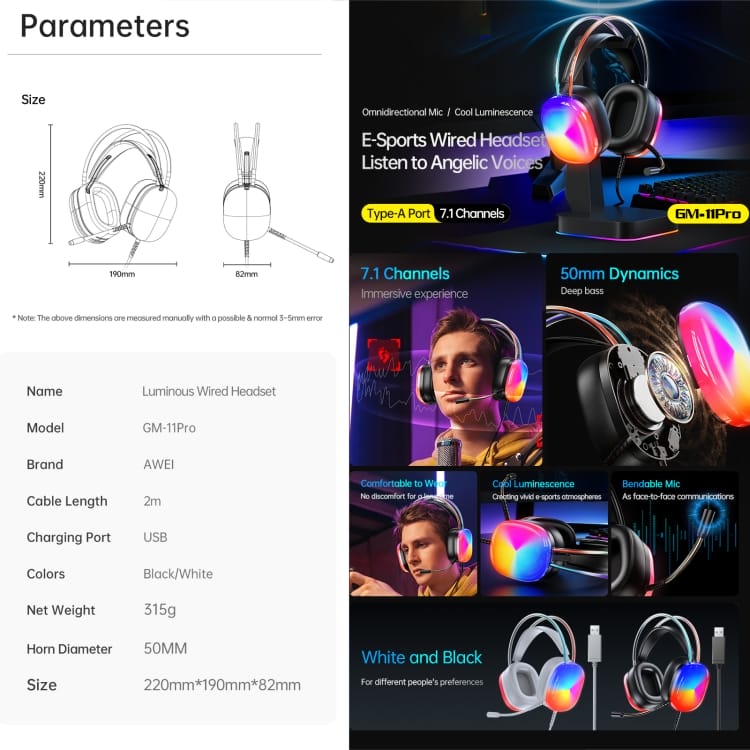 casque filaire lumineux gm 11 pro awei