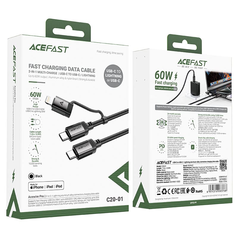 câble usb c vers lightning / usb c c20 01 acefast